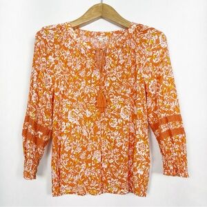 Jane and Delancey Orange‎ White Smocked Tie Front Bohemian Blouse Size Medium